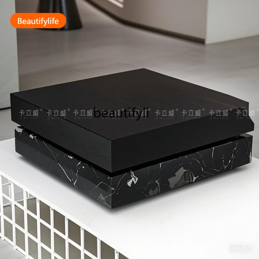 

Italian Minimalist Black Marble Rotating Coffee Table Square Home Small Apartment Smoked Wood Grain Tea Table