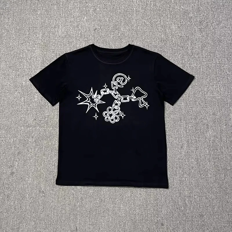 2025 نموذج جديد الصيف ADWYSD بصمة رسالة قصيرة الأكمام القطن الرجال والنساء الصدر طباعة الشمس لفة موضة جديدة B #1