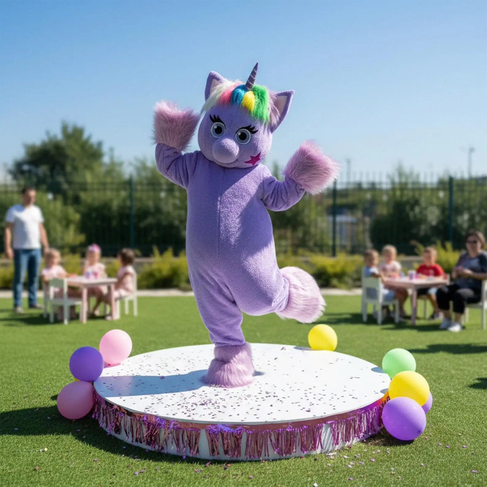 

Plush Purple Unicorn Mascot Costume Rainbow Horse Cartoon Character Fancy Suit for Adult Animators Advertising Performance Props