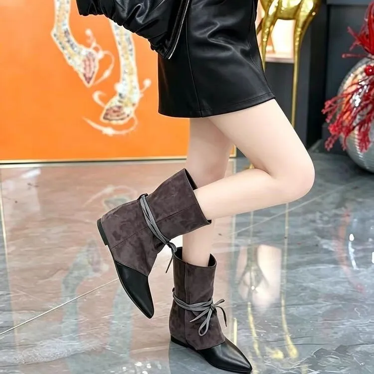 Retro Hidden-Heel Short Boots for Women, Stack Style 2026 Autumn/Winter New Pointed-Toe Lace-Up Chic Pants Boots