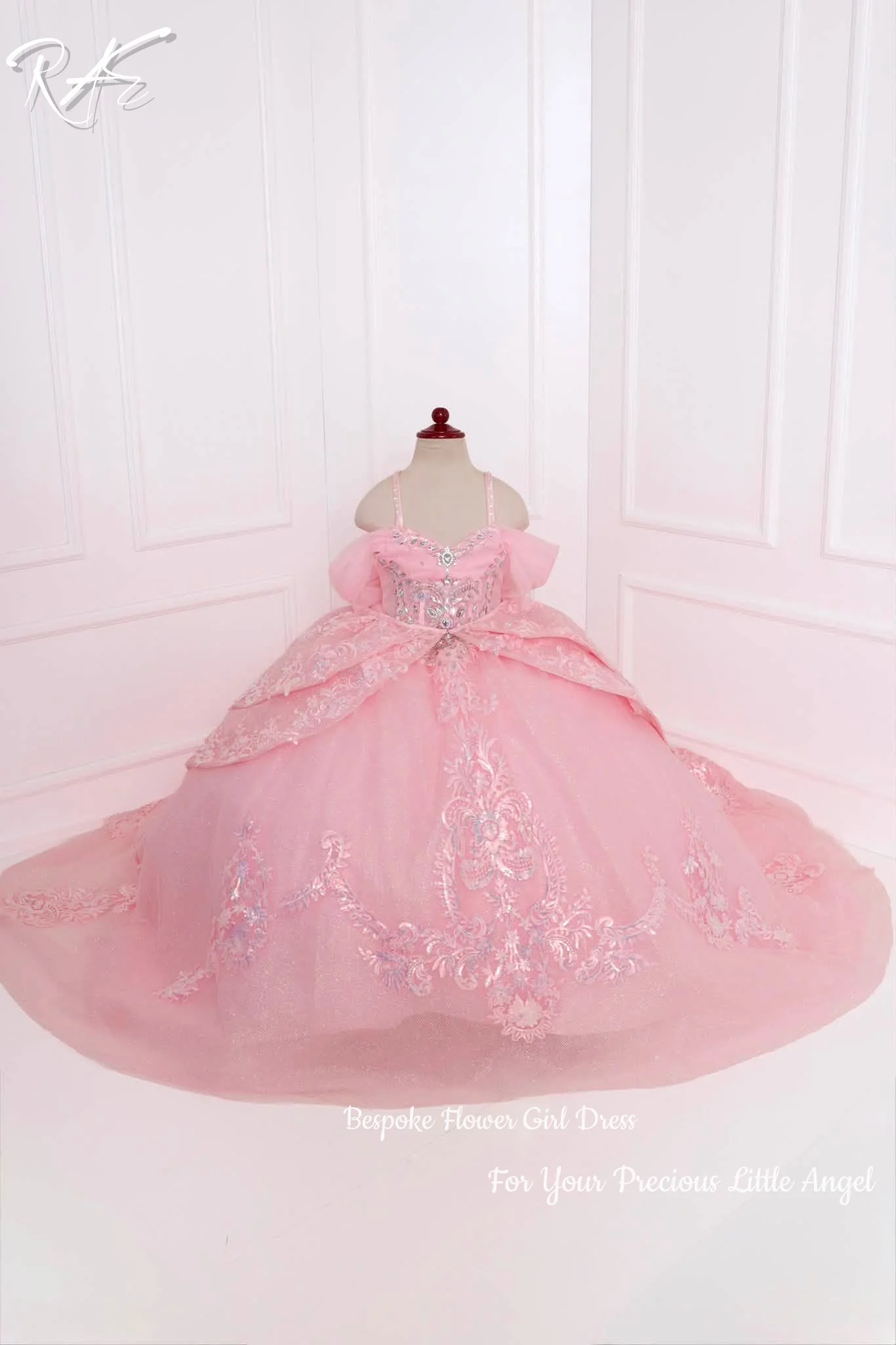 Pink Off‑Shoulder 3D Floral Rhinestone Glitter Tulle Flower Girl Dress For Wedding Birthday Pageant Princess Gown Customized