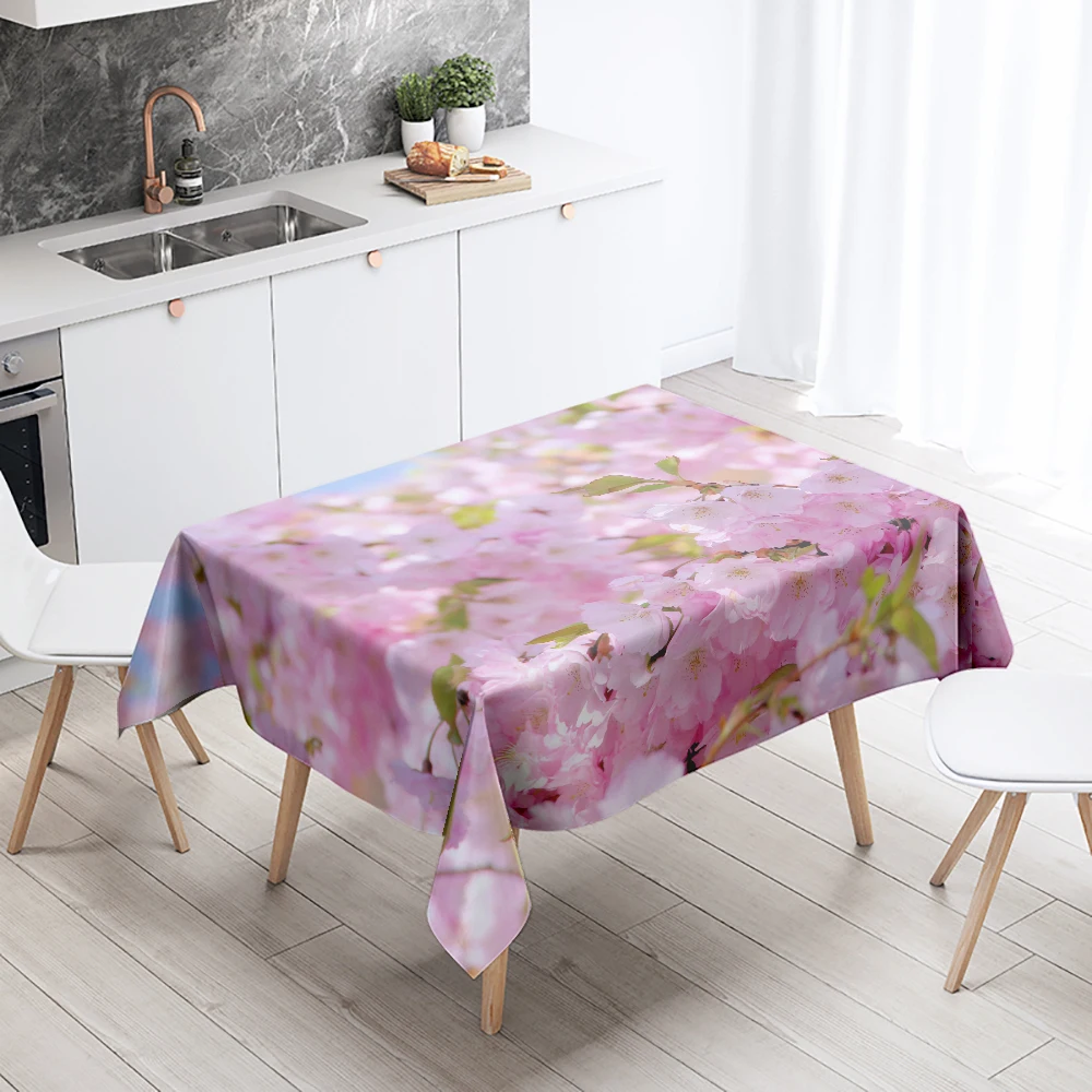 Peach Blossom Floral Tablecloth Natural  Anti-Stain Waterproof Rectangular Kitchen Dining Table Home Decor