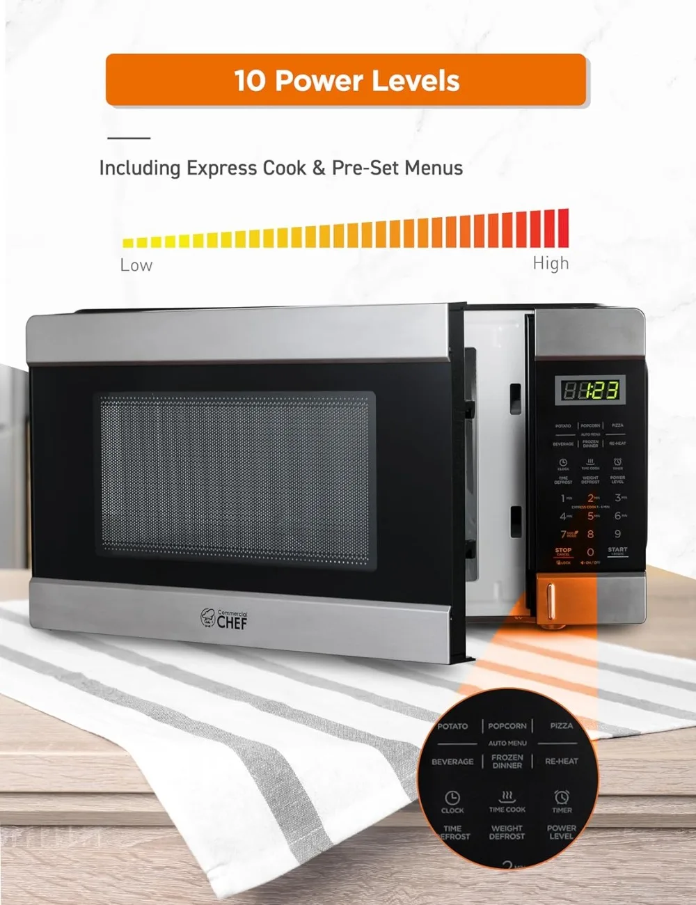 COMMERCIAL CHEF 1.1 Cu Ft Microwave with 10 Power Levels, Small Microwave with Push Button, 1000W Countertop Microwave