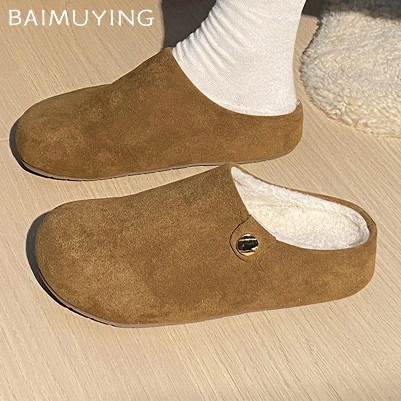 Fur Women Cotton Slippers Flats Suede Mules Shoes Fashion Slingback Boots Woman 2025 Trend Winter Fashion Casual Female Botas