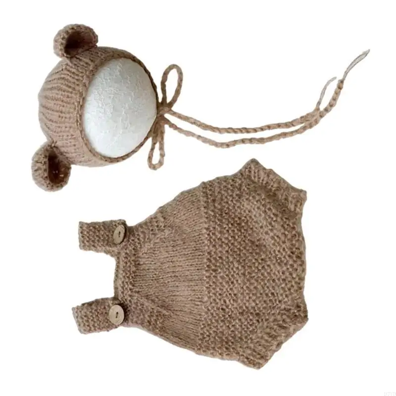 

D7YD Newborn Bear Costume Knitted Hat Romper Baby Photography Clothing Shower Gift