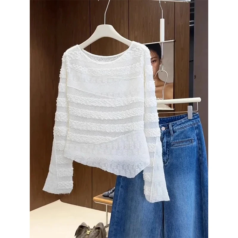 

Korean Sle White round Ne Long Sve T-irt Women's Autumn New Design Asymmetric Loose Inner Wear Faionable Top