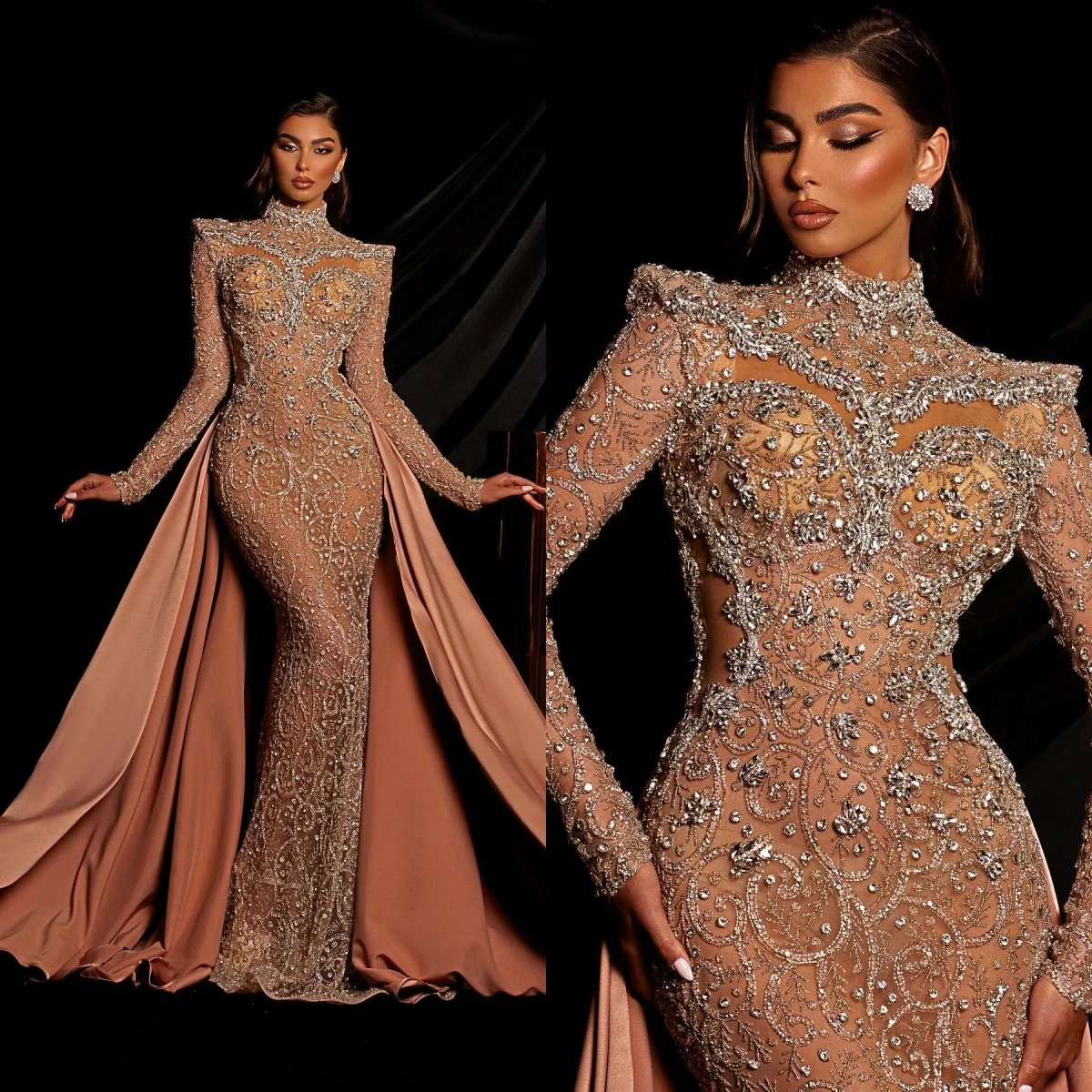 Gorgeous Evening Dresses Mermaid Rhinestones Beads High Neck Prom Gowns Long Sleeve Formal Banquet Customized Vestido De Noche