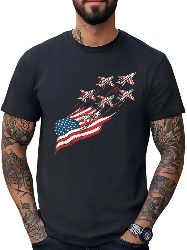 

American flag fighter patriotic summer cotton T-shirt, suitable for July 4th, Memorial Day, Veterans Day, Father's Day gifts,