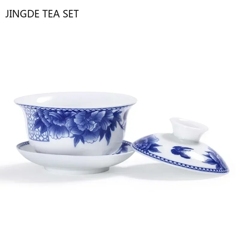 Jingdezhen White Porcelain Gaiwan Tea Cup Blue and White Porcelain Tea Maker Ceramic Handpainted Tea Bowl Tea Set Supplies