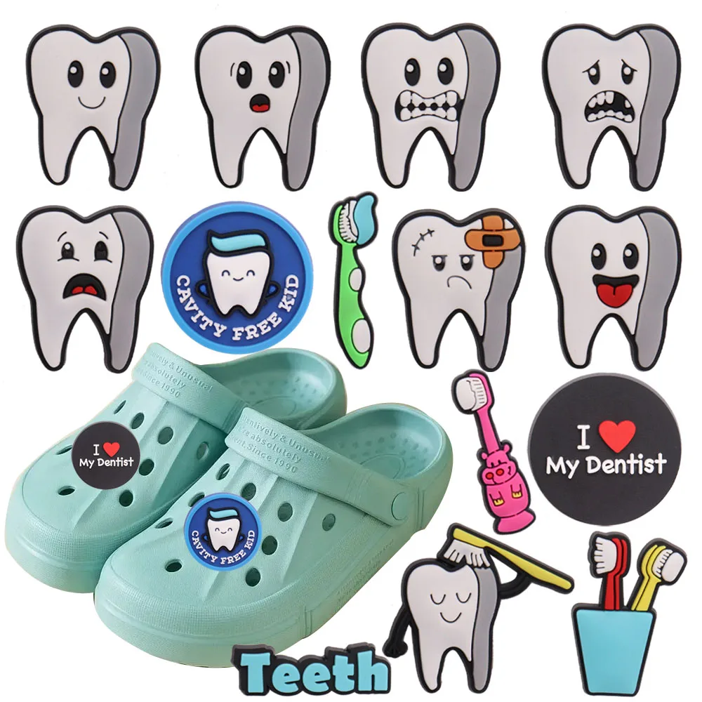 

Mix 50PCS PVC Buckle Clog Tooth Toothbrush Love Dentist Cavity Free Kid Garden Shoes Button Decorations Hole Slipper Accessories