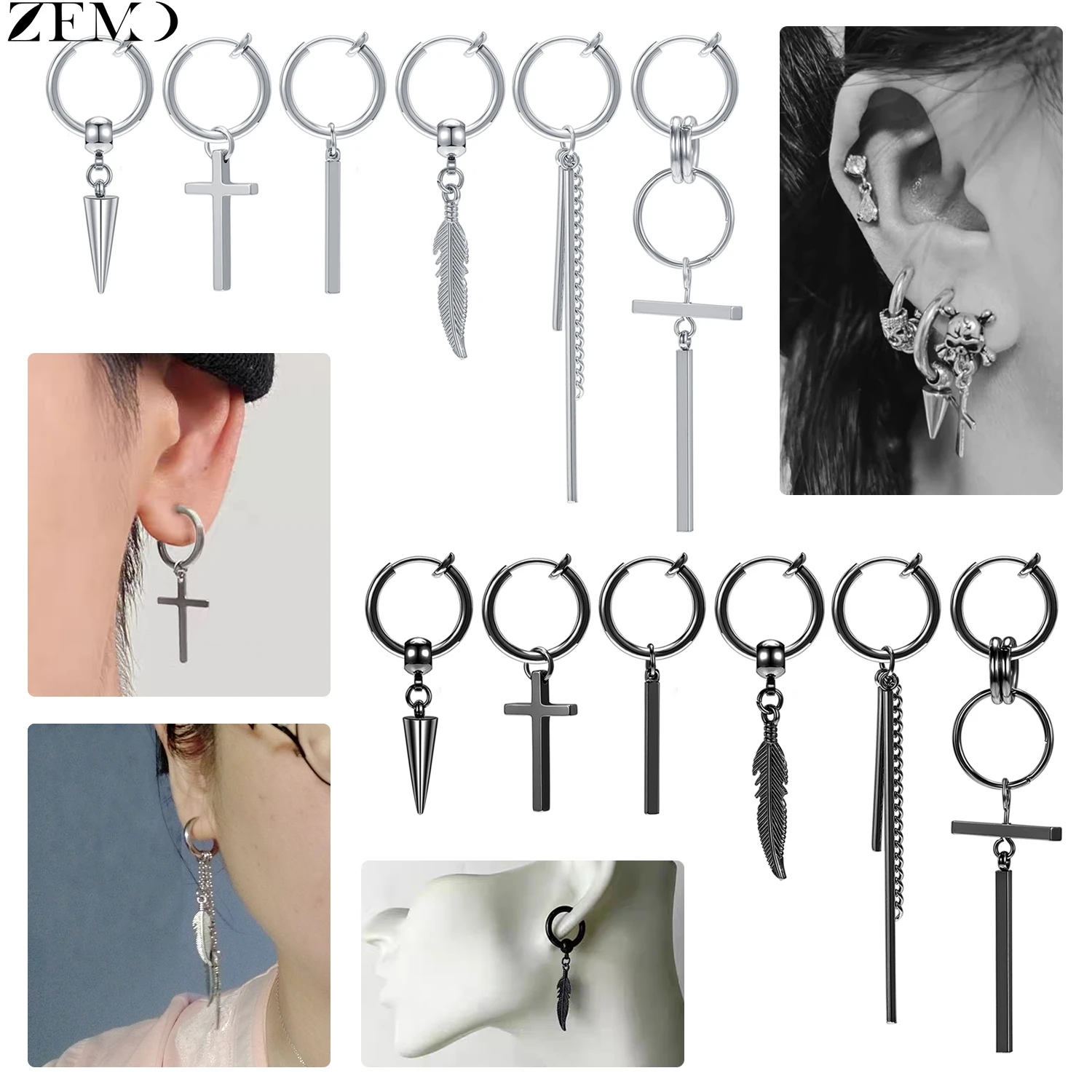 

ZEMO 6pcs/lot Korean Style Stainless Steel Clip-on Earrings Set Unisex No-Pierced Pendant Earring Feather Tassel Fake Piercings