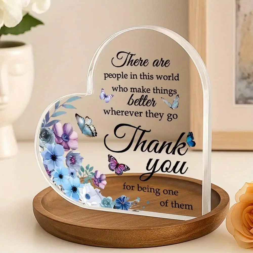 Thank You For Being One Of Them Heart‑Shaped Acrylic Tabletop Plaque, Blue Purple Floral Butterfly Inspirational Desk Decor