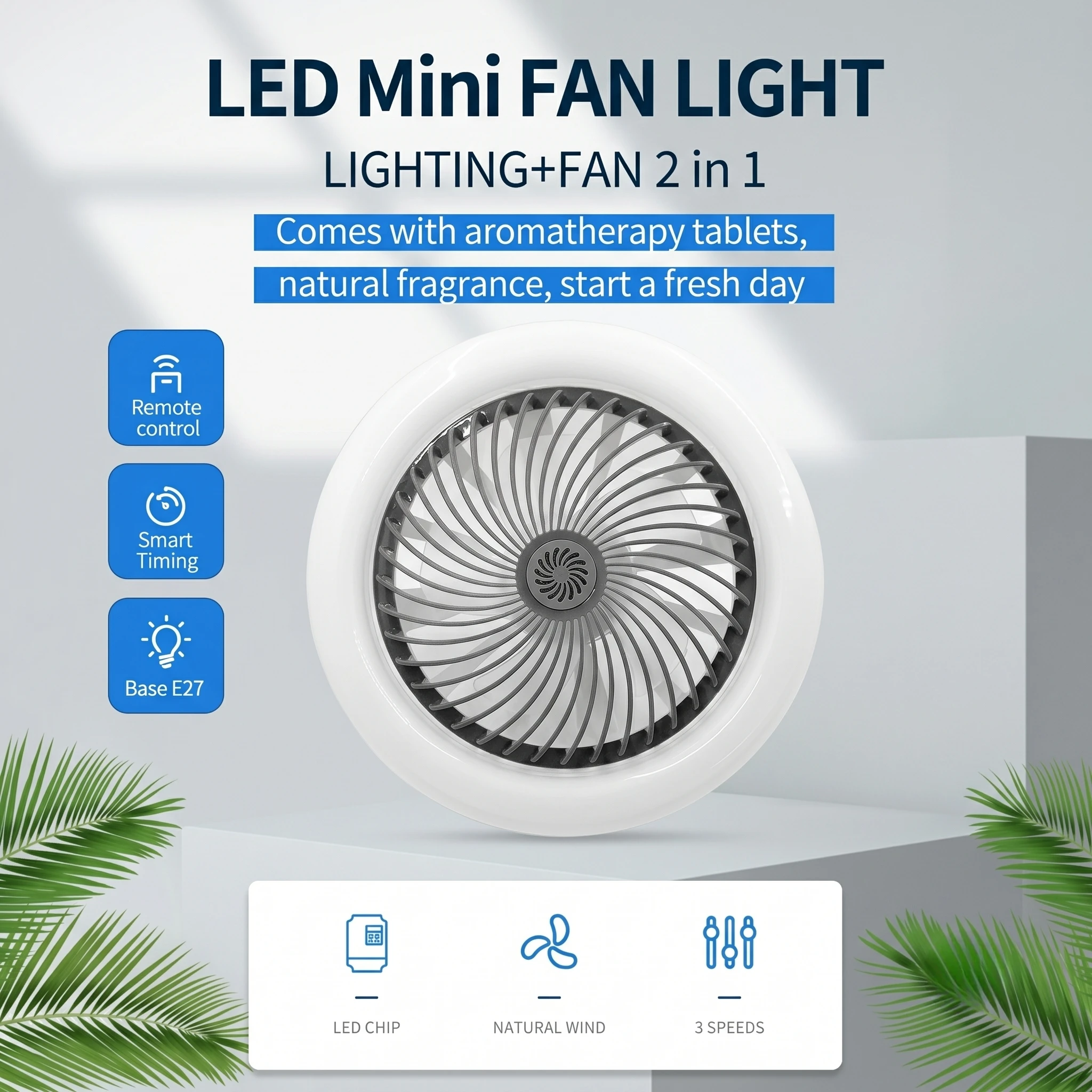 E27 LED Mini-Ventilator-Lampe Aromatherapie Abnehmbar Smart Fernbedienung 3-Geschwindigkeiten Timer Deckenventilator-Leuchte für Schlafzimmer Wohnzimmer