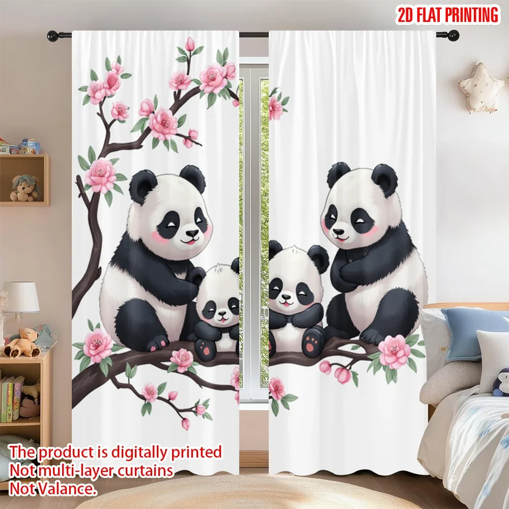 

2pcs 2D flat printing Window Treatment Curtains Cute Pandas Cherry Blossom Tree Digital Printed Polyester Drapes Festive