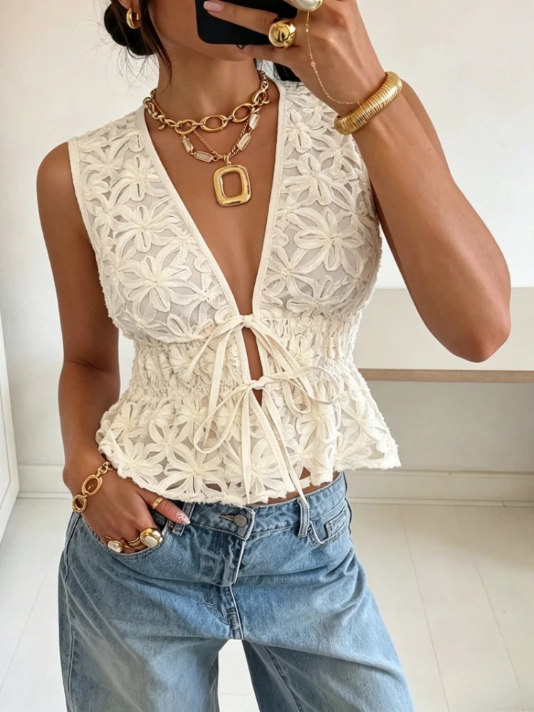2026 New Sexy Chic Women's 3D Flower V-neck Summer Sleeveless Top Waist Space-up Ruffle Vest Commuter Gentle Dating Design Vest