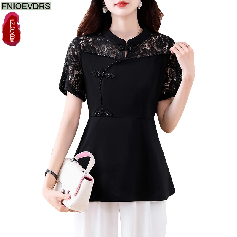 Черные винтажные топы с кружевным воротником-стойкой в стиле ретро, блузки, элегантные женские рубашки из смеси хлопка с короткими рукавами 2025, офисные женские рубашки