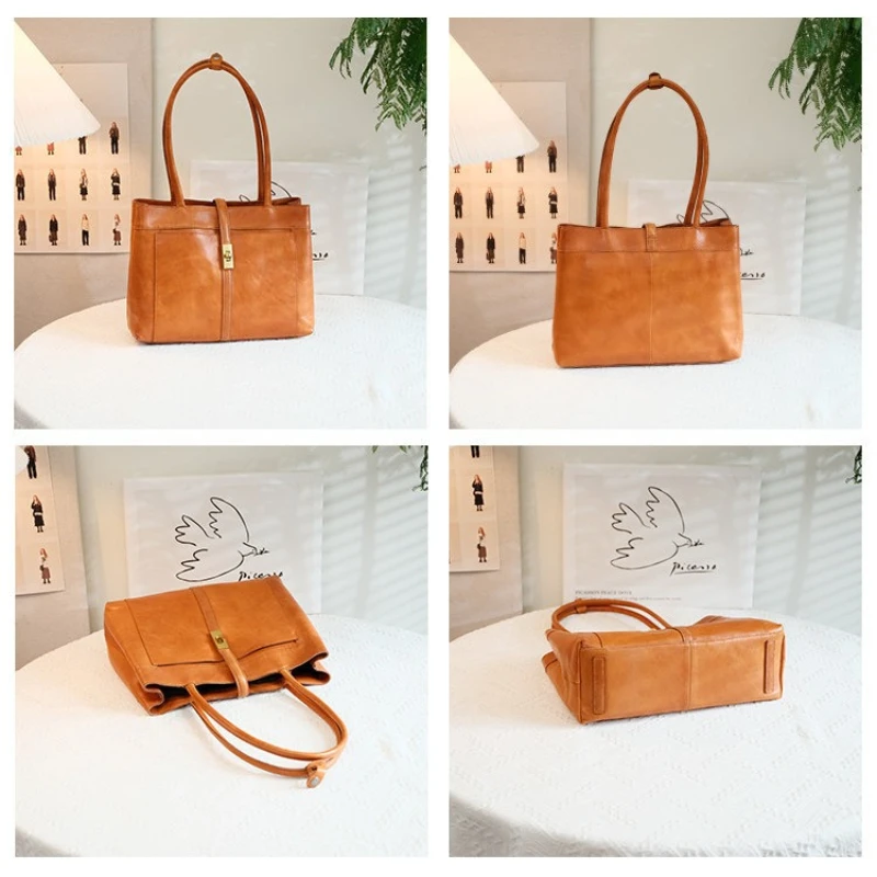 Sophisticated Work Tote Bag for Women Genuine Leather Large Capacity Elegant Vintage Shoulder Bag Luxury Timeless Top Handle