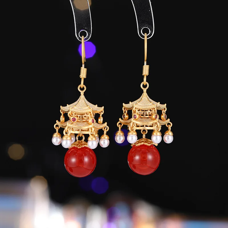 

- Red Agate Pearl Tassel Ancient New Chinese High-End Pavilion Lantern Palace Style Earrings