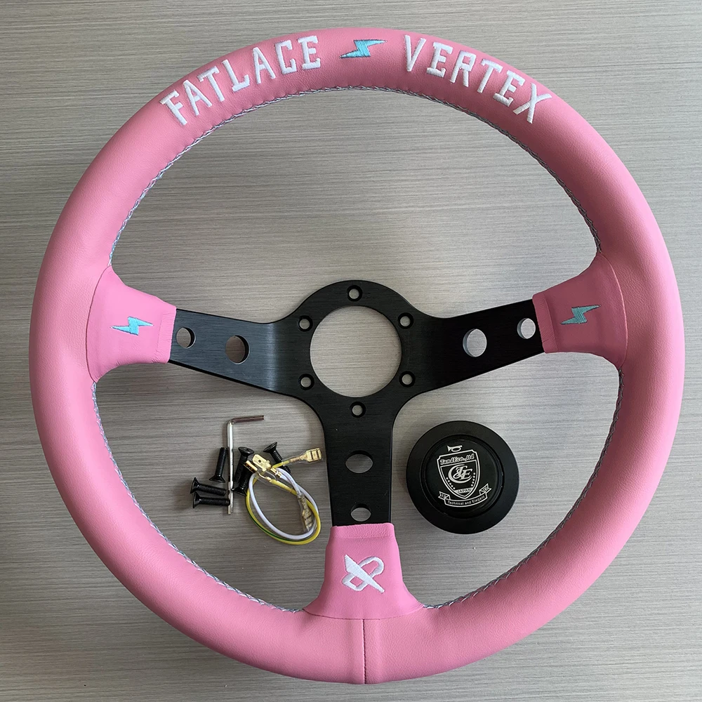 

Tiypeor Universal JDM VERTEX Pink FATLACE Leather 320mm Embroidery Craft Game Racing Steering Wheel