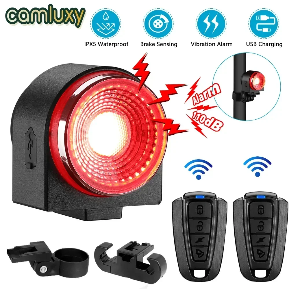 Camluxy-luz inteligente con detección de freno automático, resistente al agua, alarma antirrobo inalámbrica para bicicleta, carga USB, Control