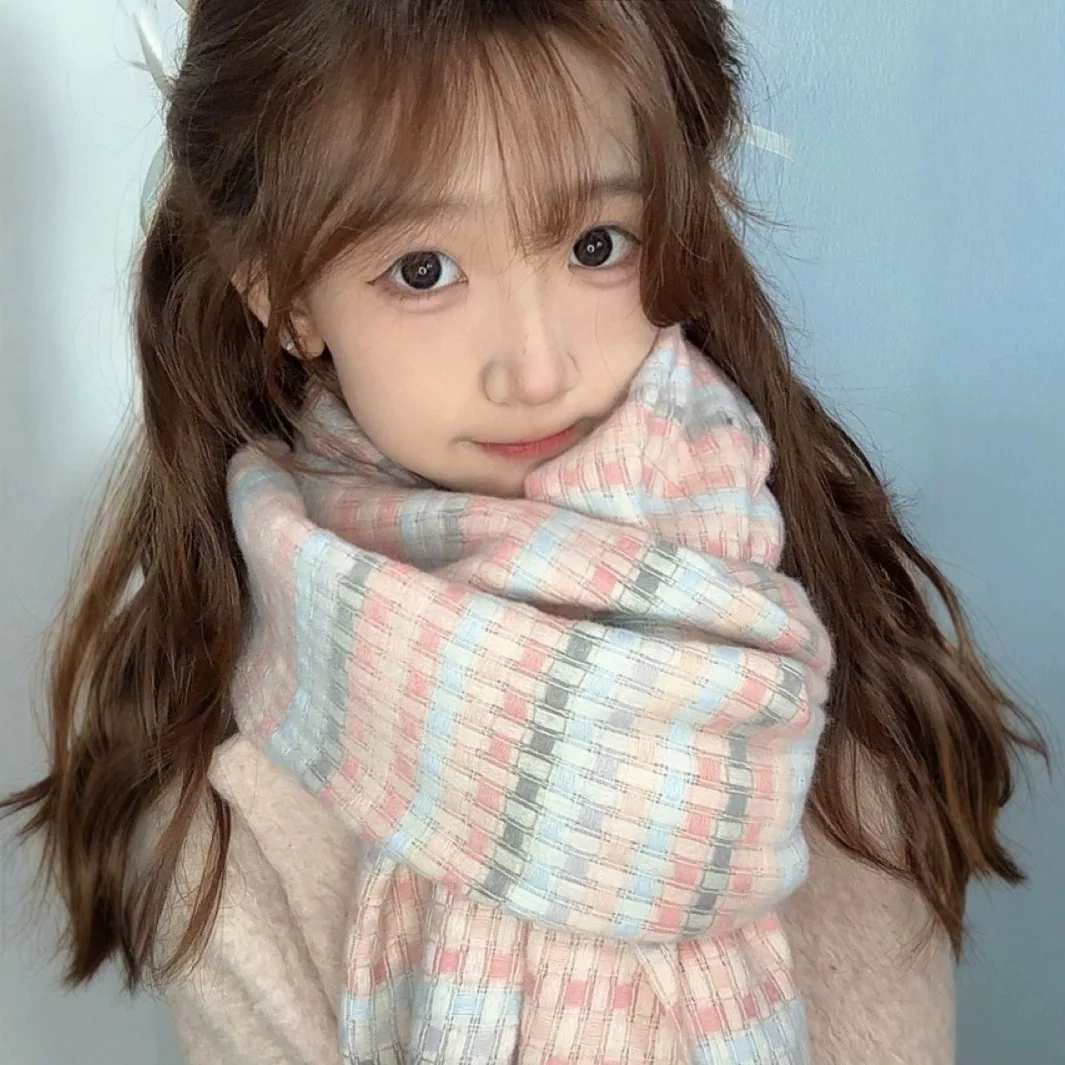 

New Checkered Scarf Winter Warmth Cute Thickening Versatile Women's Student College Scarf Shawl Scarf 4w898