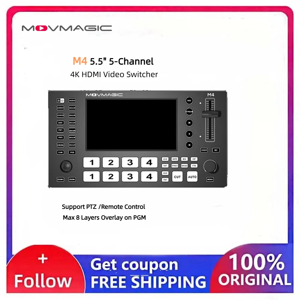 

MOVMAGIC M4 4K 5-канальный HDMI видеомикшер с 2 логотипами и библиотекой медиа Alpha (горизонтальный/вертикальный) для прямых трансляций в электронной коммерции
