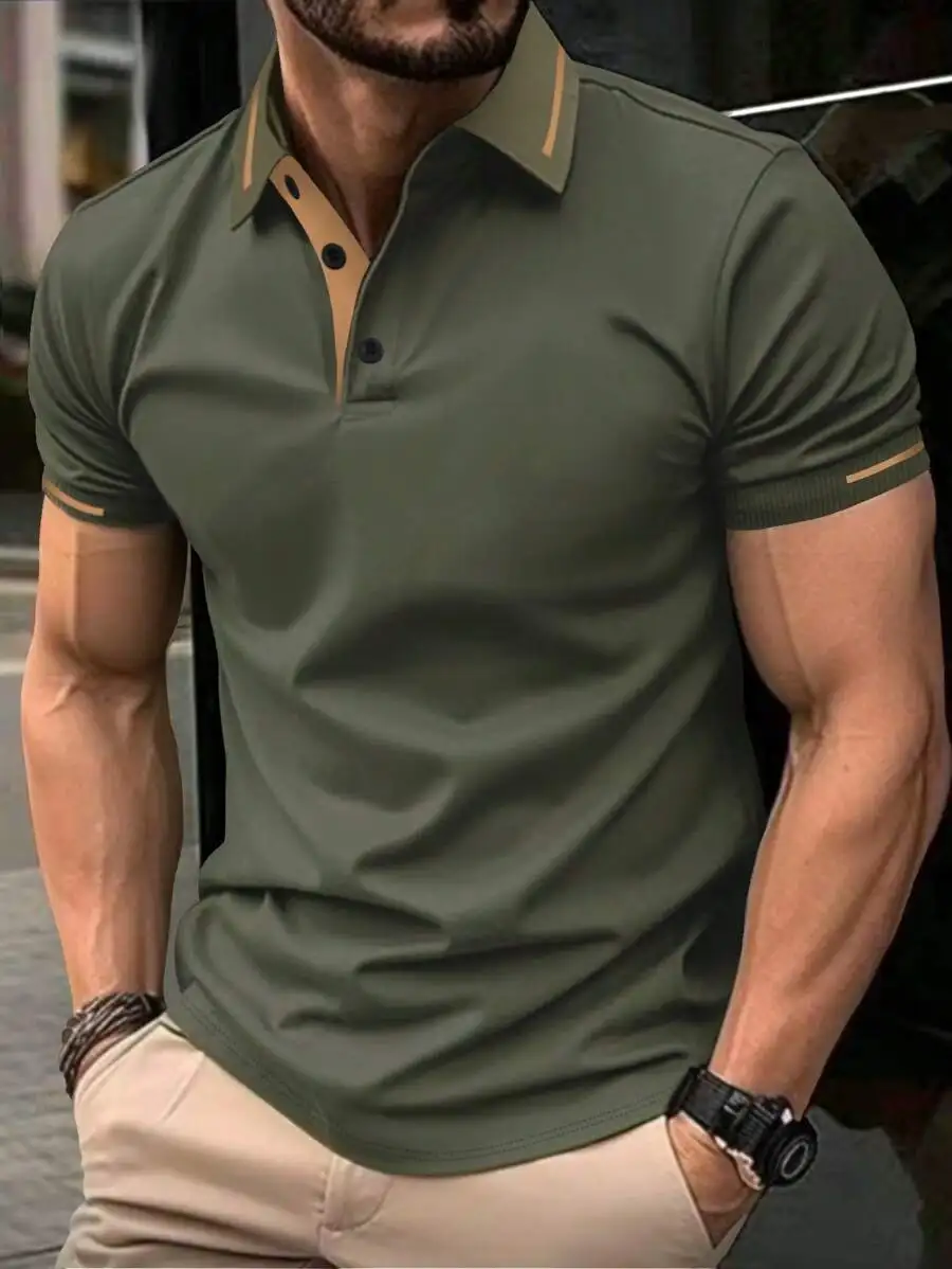 

Olive Green Men's Short Sleeve Polo Shirt with Contrast Trim Collar