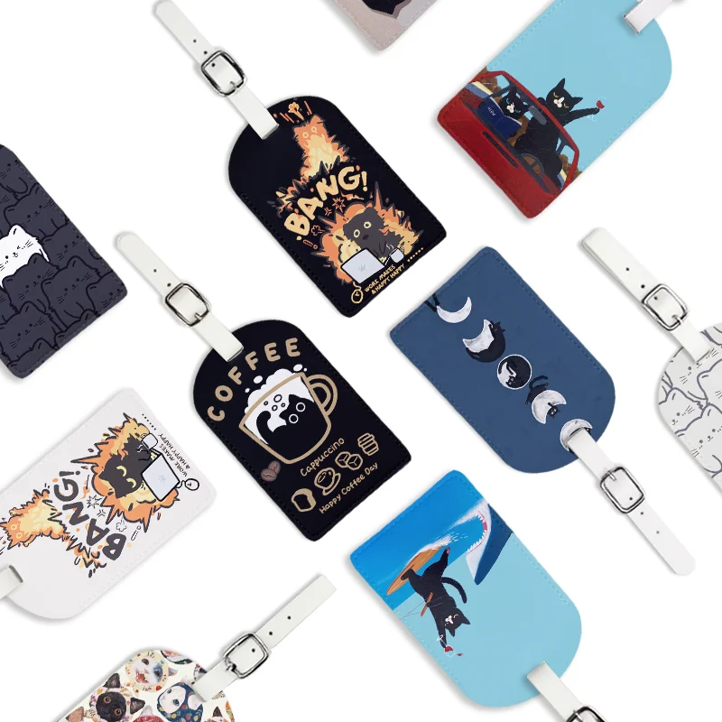 Etiquetas de equipaje con cubierta de privacidad, etiqueta impermeable de cuero PU para crucero, etiquetas de maleta con bonito gato humorístico para hombres, niños y mujeres