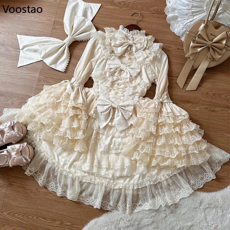 Victorian Vintage Lolita Jsk Dress Women Kawaii Bow Lace Ruffles Flower Wedding Party Dresses Japanese Elegant Princess Dress