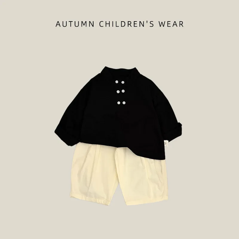 Boys Shirt 2026 Spring and Autumn New Children's Wear Korean Style Boys and Girls Half Open-sleeve Shirt with Standing Collar