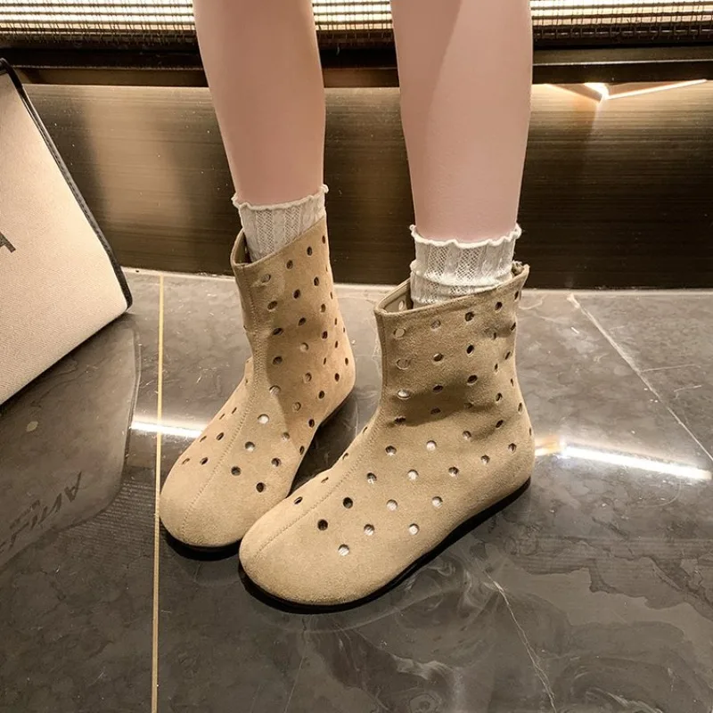 

Women's Ladies Round Toe Hollow Out Ankle Boots Flat Faux Suede Breathable Back Zipper Casual Summer Wear Sandals