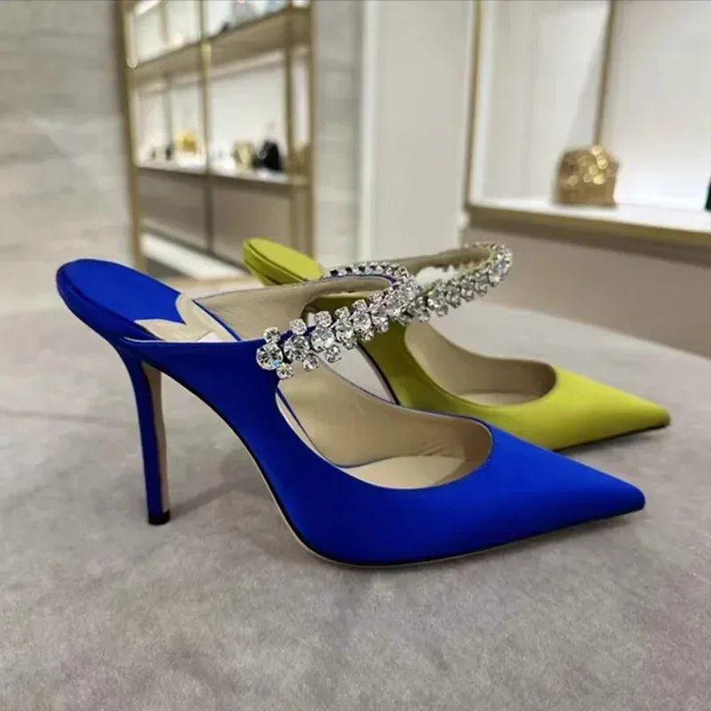 

Women's Sandals 2025 New High Heels Fashion Water Diamond Chain Banquet Pointed Fine Heels Women's Muller Shoes