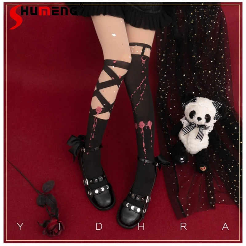 

Японские милые стильные колготки ведьмы, оригинальные колготки с принтом Лолиты, розы, готические чулочно-носочные изделия на Хэллоуин, уникальный дизайн, крутые колготки для женщин