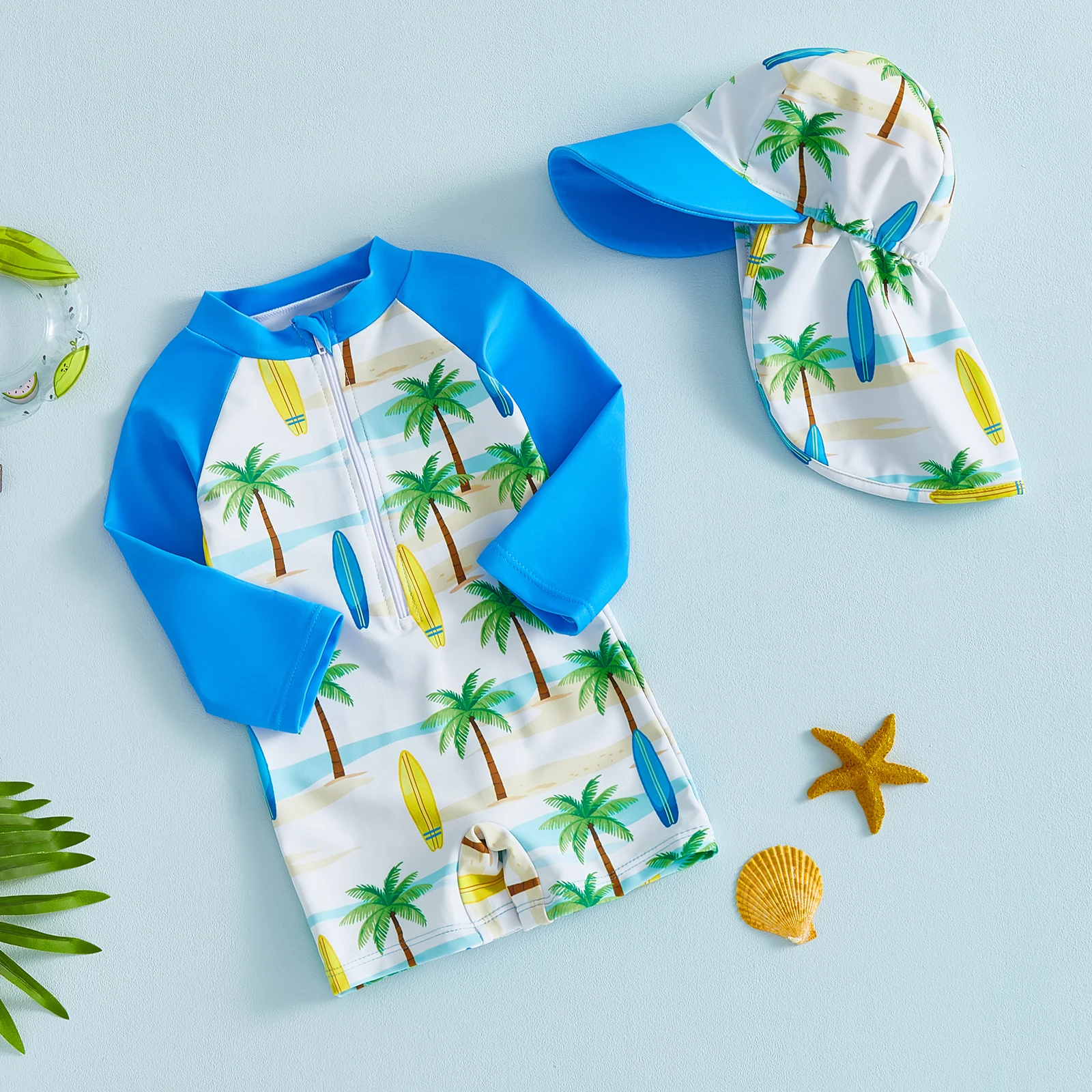 Toddler Kids Baby Boys Rash Guard Swimsuits Coconut Tree/Starfish Print Zipper Long Sleeve Bathing Suits with Swim Cap Beachwear