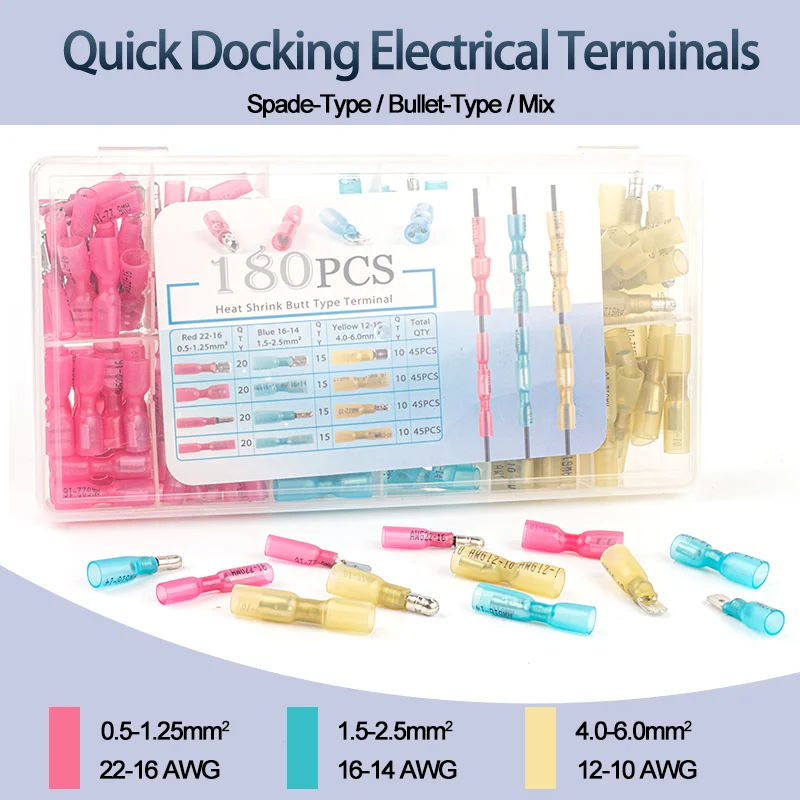 

180Pcs Insulation Spade/Bullet Splice Crimp Terminals Kit Waterproof Boxed Wire Connectors Female Male Electrical Disconnect