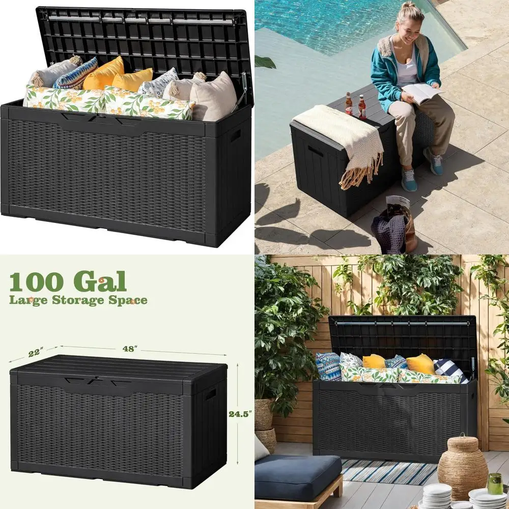 

100 Gallon Lockable Outdoor Storage Box - Waterproof Deck Box for Patio, Pool, and Garden Accessories (Black)