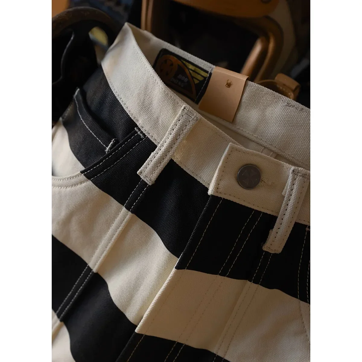 BOB DONG Multi-Pocket Motorcycle Pants Washed Prisoner Stripes Trousers For Men - Image 5