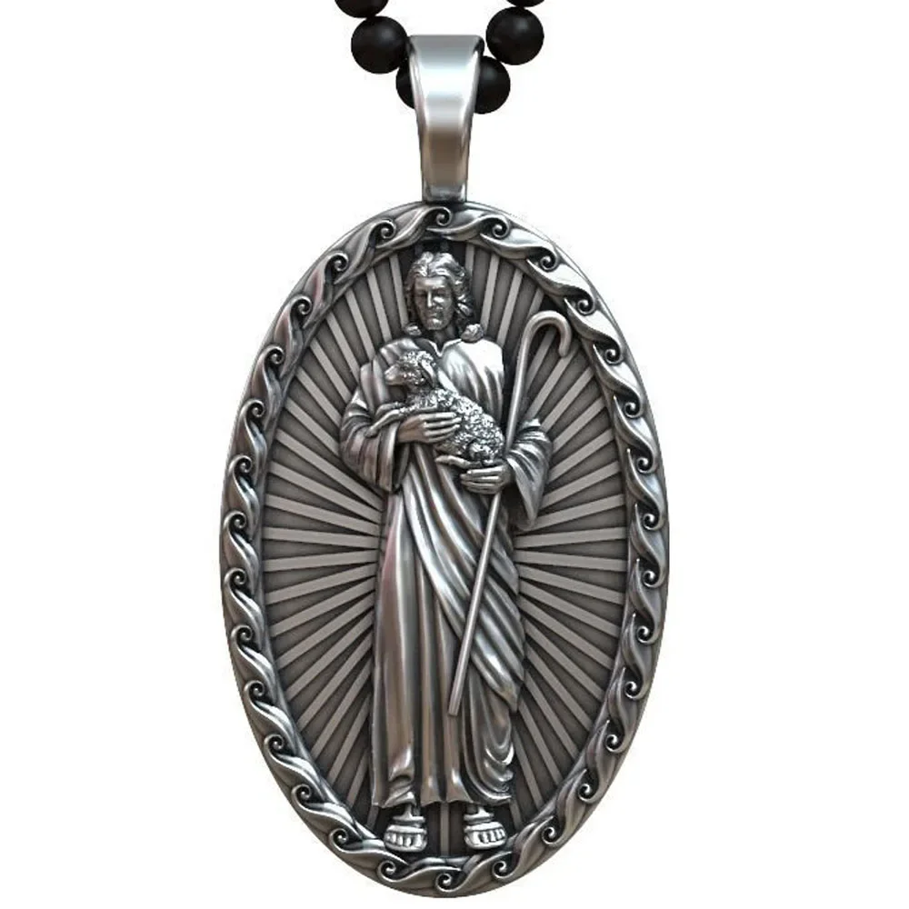 

11g Jesus the Staff and the Lamb Religious Art Relief For Men and Dads Pendant Customized 925 SOLID STERLING Silver