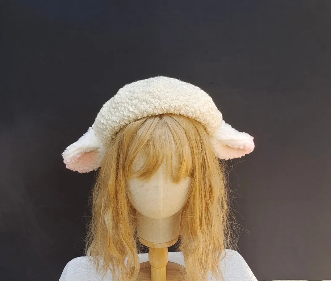 Original Handmade Cute Lolita Lolita Autumn and Winter Lamb Ears Beret Milk White Hat