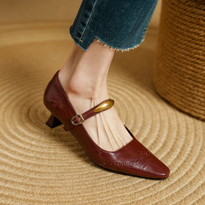 2025 New Spring Women Pumps Square Toe Genuine Leather Women Shoes Buckle Strap Mary Janes Ladies Shoes Sheepskin Leather