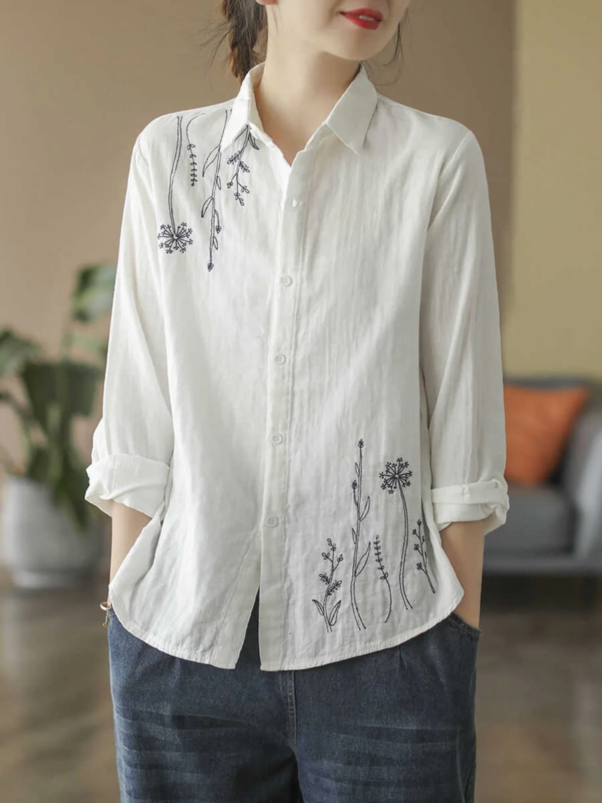 

Summer Loose Cotton Long Sve irt Women's Artistic Sle Embroidered Pure Cotton Mommy Top Casual Versatile Floral Stitch...