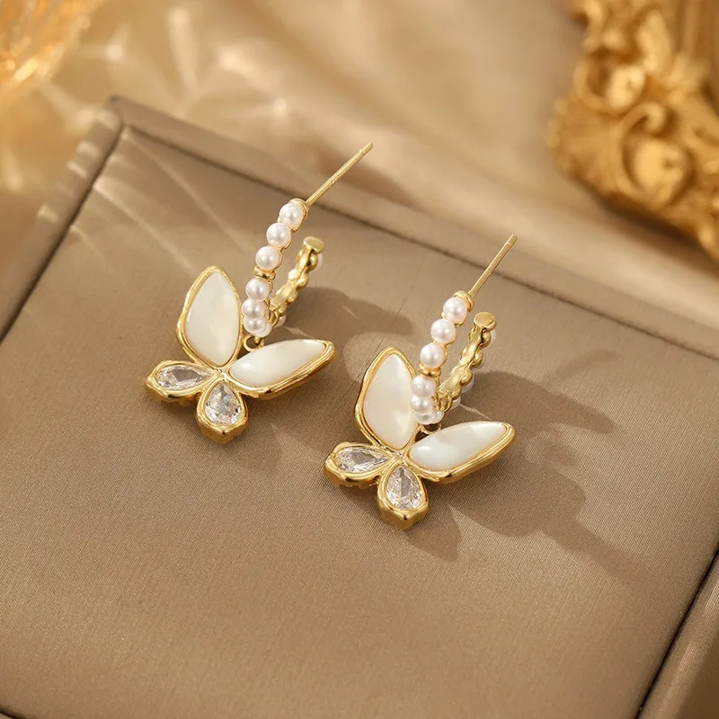 

Серьги-бабочки с жемчугом в корейском стиле, элитные серьги в стиле Ins, изысканные серьги с иглой из серебра S925