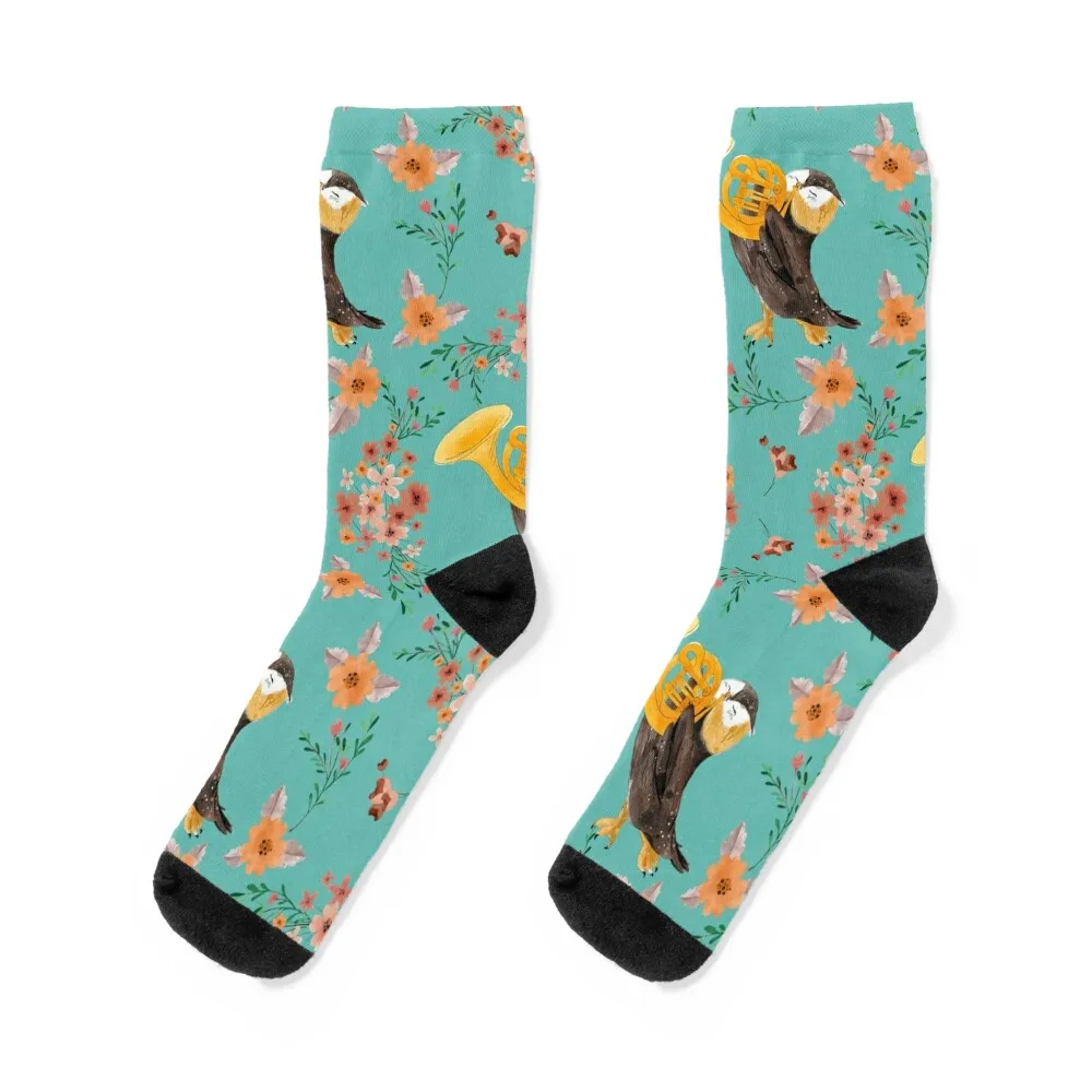 Musician Owl Playing French Horn Brass Instrument Pattern Socks floral golf Boy Socks Women's