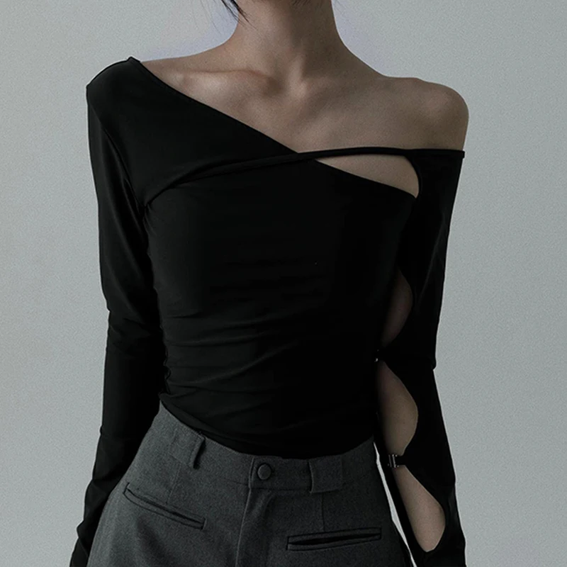 Y2K Oblique-neck Hollow Out Long Sleeve T Shirt Punk Fashion Off Shoulder Skinny Bodycon Crop Tops Streetwear Black Tees