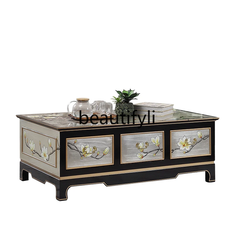 

New Chinese coffee table simple modern living room rectangular Zen painted solid wood coffee table TV cabinet combination