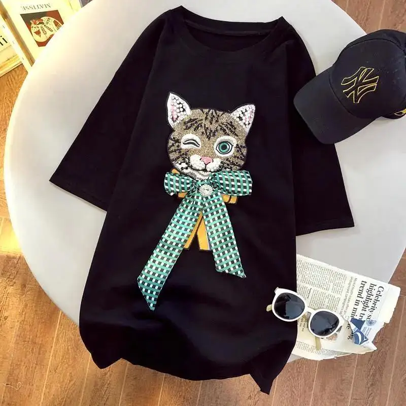 Summer Lazy Cat Exquisite Rhinestone Beaded Bow Western Style Mid-Length Short-Sleeved T-shirt Women\'s Top