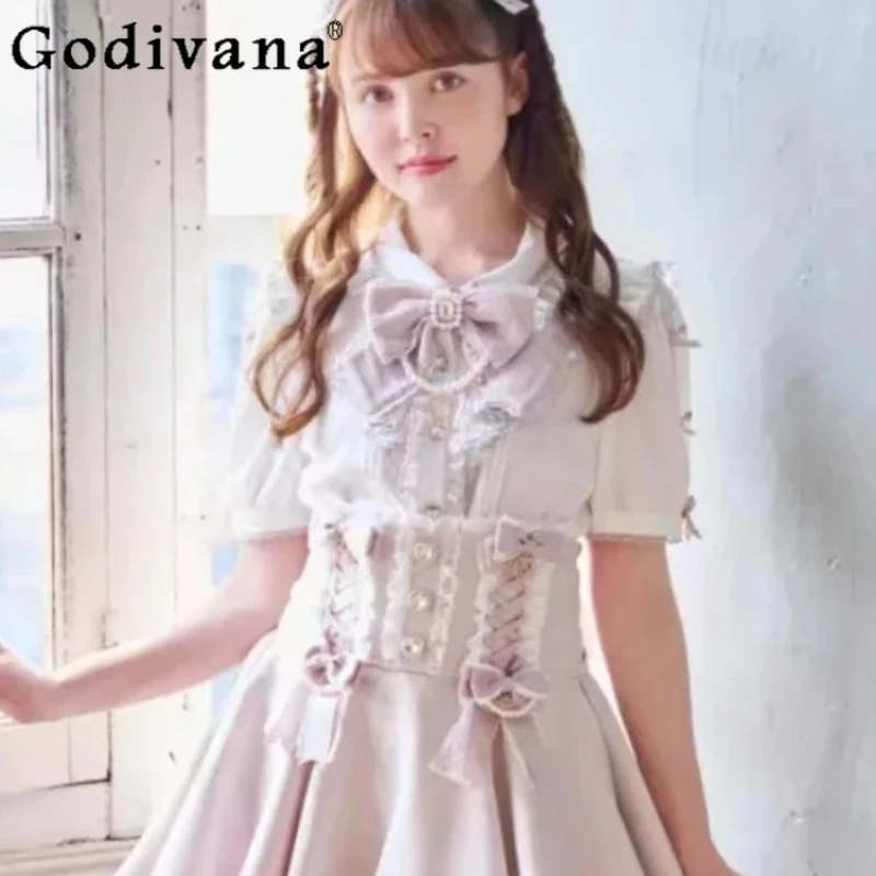 

Japanese Large Size Lolita Cute Bow Chain Heart Shape Puff Sleeve Shirt Fashion Spring Summer Sweet Age Reduction College Shirts