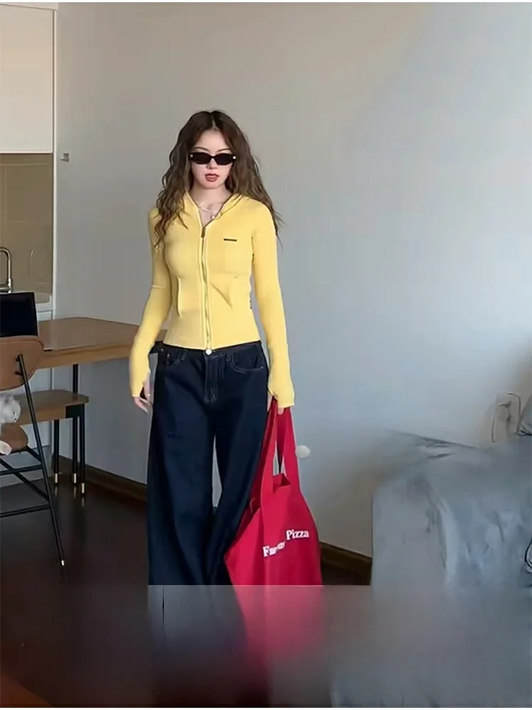 High Waist Wide Leg Blue Jeans Women's Autumn Winter Loose Slimming Floor Length Straight Cut Denim Pants Retro Sle