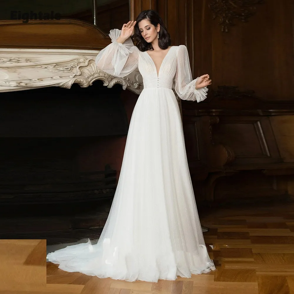 

Eightale Arabic Wedding Dresses V-Neck Tulle Customized Long Sleeve A-Line Ivory Sweep Train Bridal Gowns Vestidos De Novia