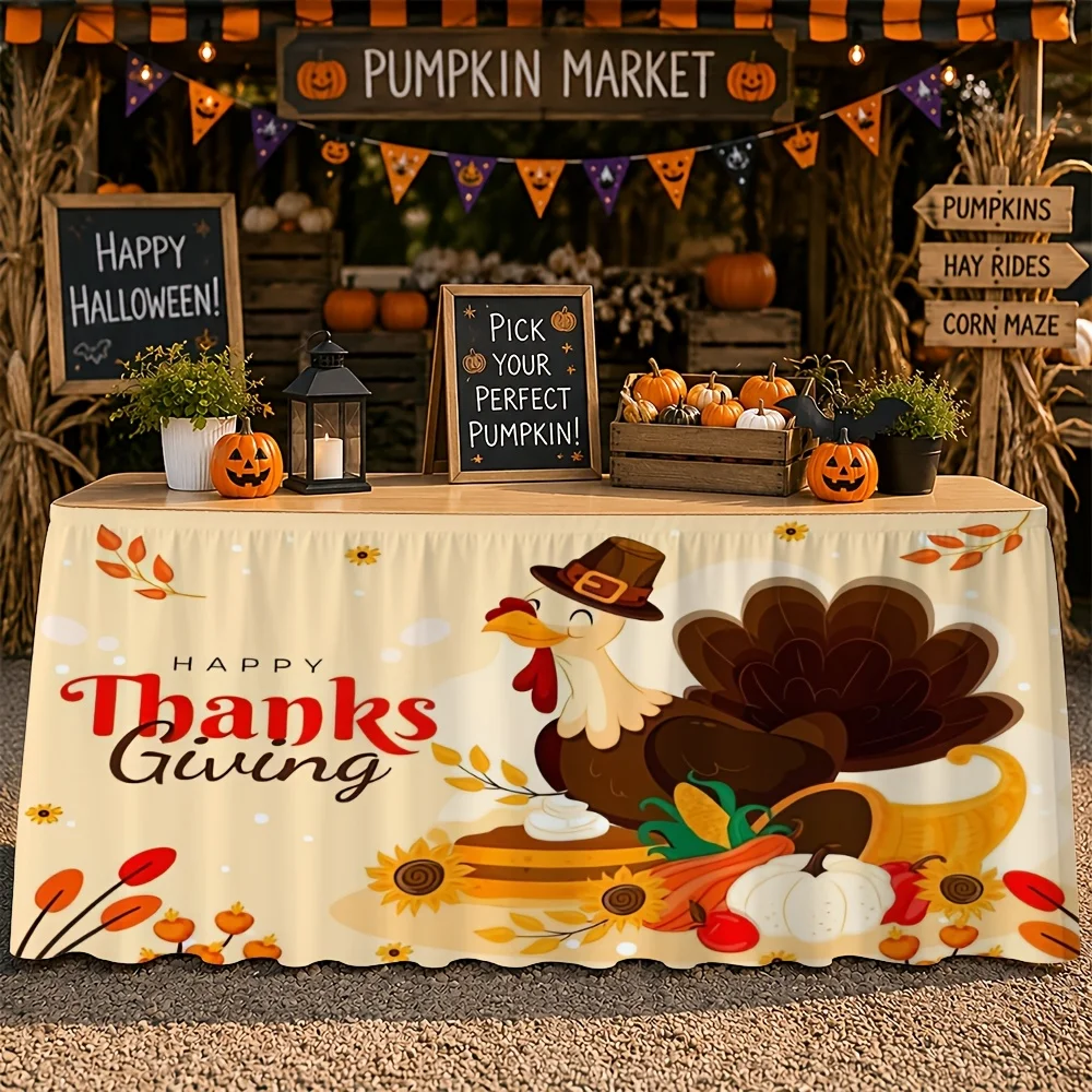 [2D Graphic] 1-Pack Party Table Dress with Thanksgiving Turkey and Harvest Element Prints